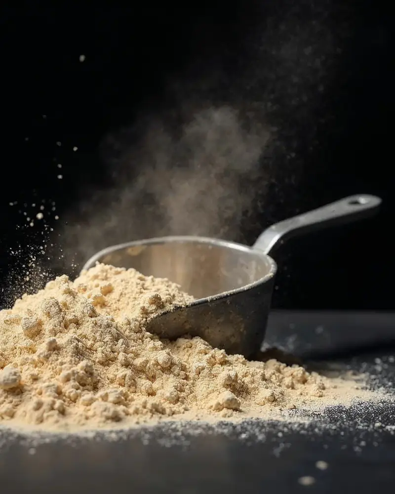 Protein powder bursting off a scoop