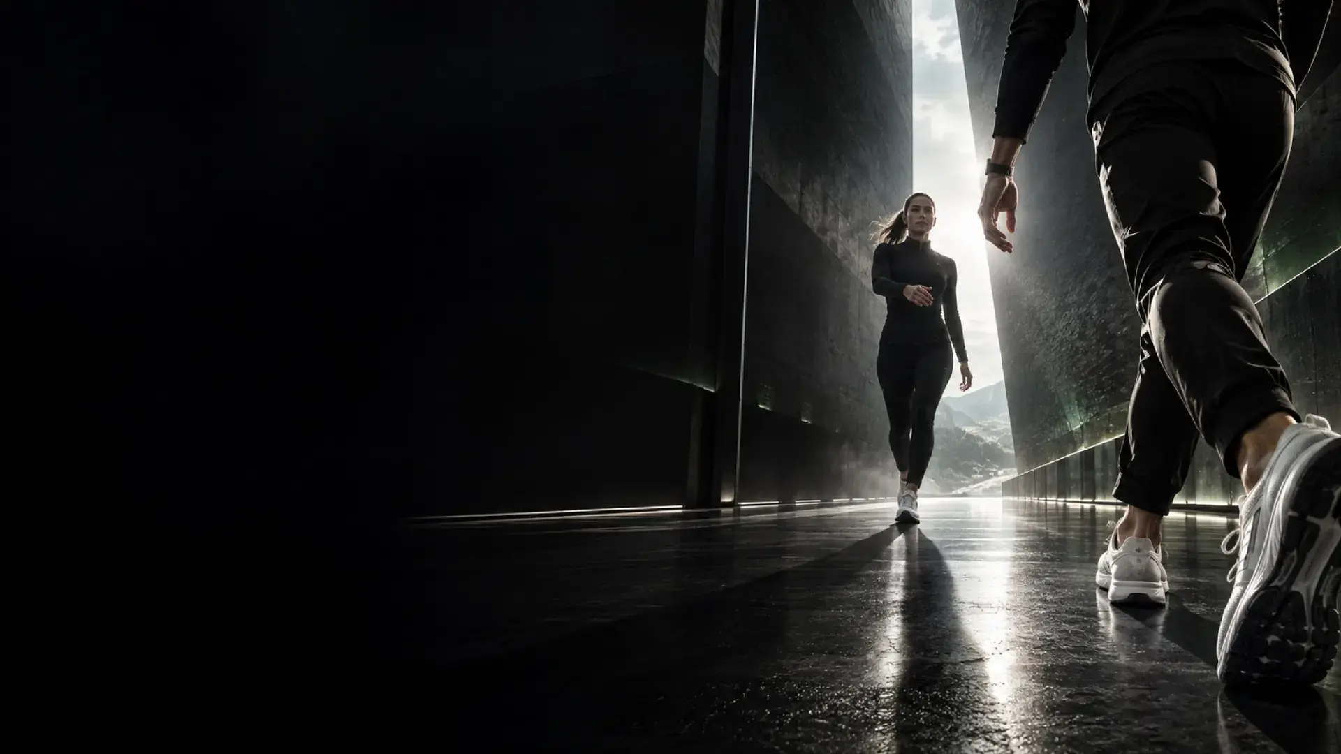 Two BioFormula athletes running towards each other down a lit corridor
