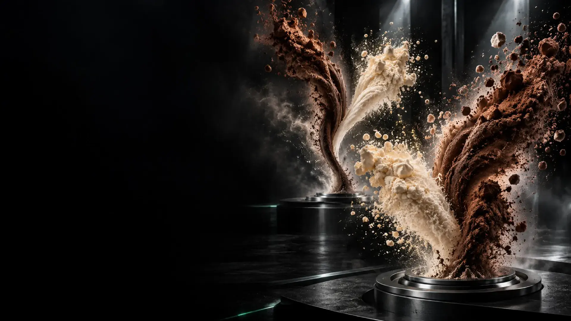 Chocolate and vanilla protein powder bursting upward off two platforms