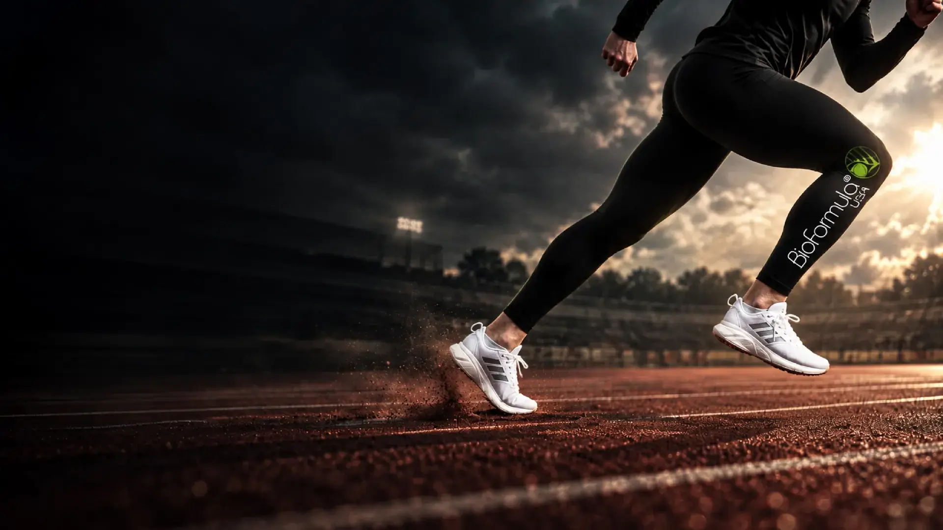 A runner in BioFormula kit driving off the blocks on a stadium track