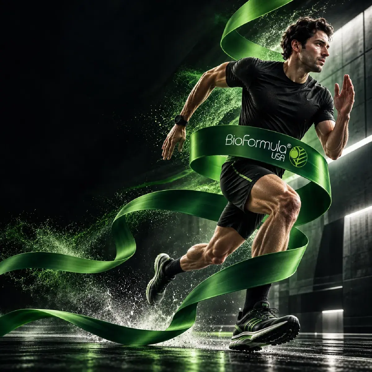A BioFormula athlete running inside a turning BioFormula ribbon